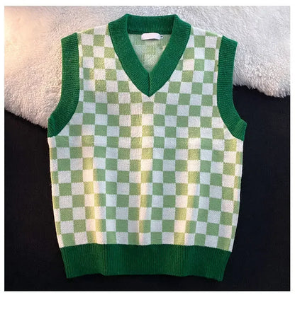 Men's Checkerboard Plaid V-neck Knitted Vest Female Spring Autumn Loose Couple Sweater Coat Sleeveless Vests Casual Tops