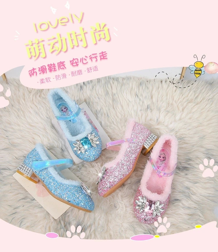 Disney Princess Crystal Girls Shoes Frozen Elsa Sophia Rhinestones Shoes Performance Party High Heels Pink Blue Shoes Size 23-36