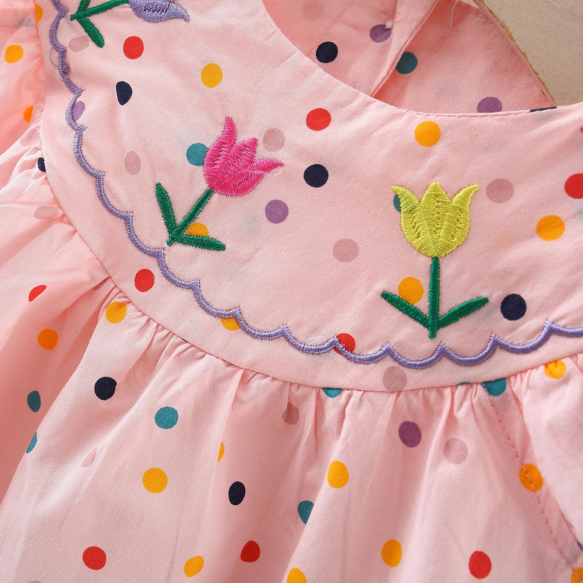Cotton Baby Dress Flower Embroidery Comfortable Baby Dress Colorful Polka Dot Printed Dress