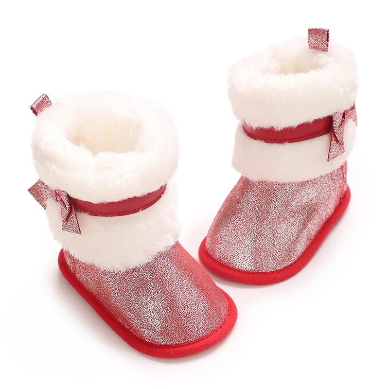 Suefunskry Newborn Baby Girl Winter Warm Plush Boots Shiny Flats with Cute Bows Casual Walking Shoes for Toddler Infant
