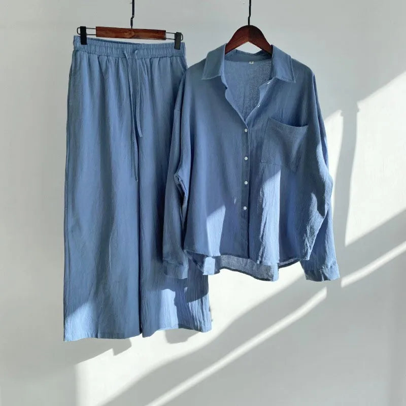 Loose Solid Color Cardigan Shirt Wide Leg Pants Women's 2-piece Set Of Retro Cotton Linen Shirt High Waist Long Pants Set Outfit