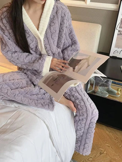 2pcs/Set Autumn And Winter Pajamas Women Thickened Padded Warm Students Coral Girls Clot Velvet Suit Home wear Cardigan Trousers