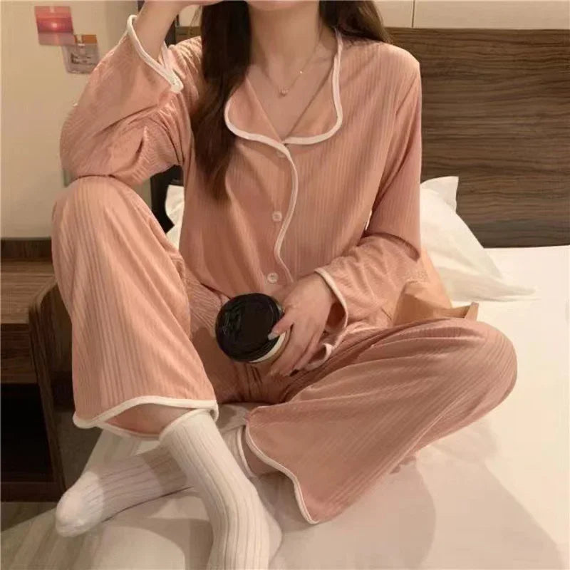 Women Long Sleeve Trousers Cotton Pajamas Dormir Lounge Sleepwear Solid White Pajama Mujer Bedroom Home Clothes Female Pajamas