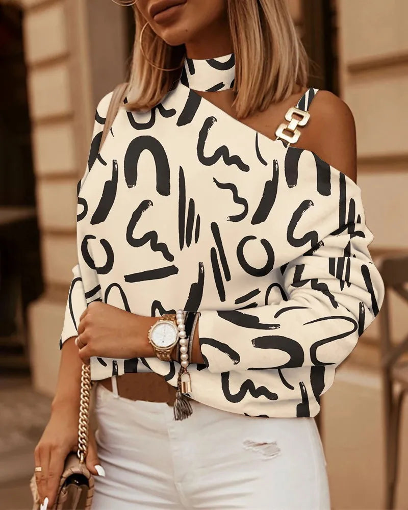 Sexy Off Shoulder Halter Neck Women Blouse Long Sleeve Fashion Print Casual Loose Tops 2025 Autumn Elegant Office Ladies Blouses