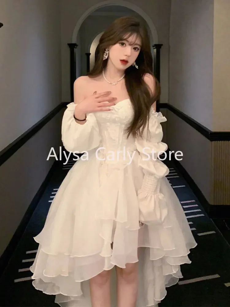Elegant Ruffles Chic Fairy Dress Women White Sweet Korean Style Princess Dress Female 2025 Summer Slash Neck Casual Party Dress