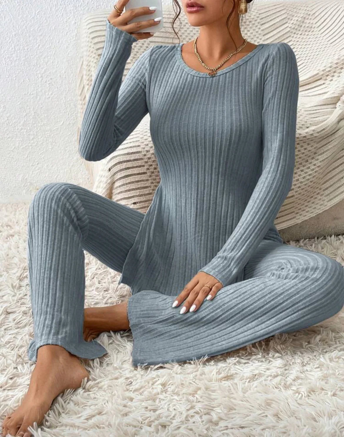 Autumn Winter Women's Clothing New Style Solid Color Sexy Casual Long Sleeved Round Neck Slit Fashion Temperament Two-piece Set