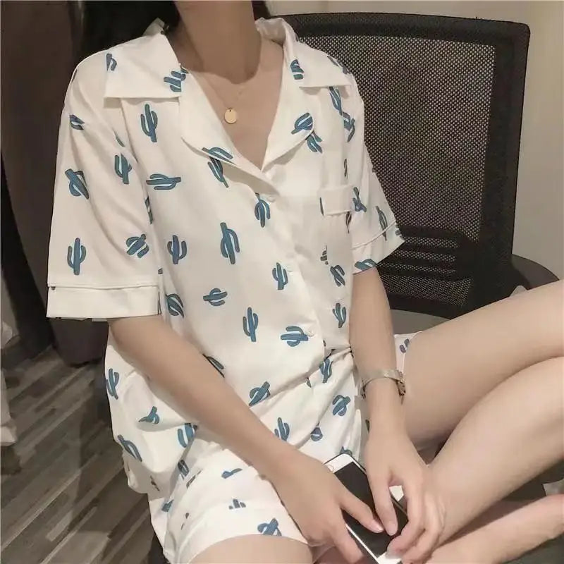 New Women Sleepwear Cartoon Pajamas Female Short  Pants Short Sleeved Summer Spring Loungewear Fashion Home Clothing Home wear