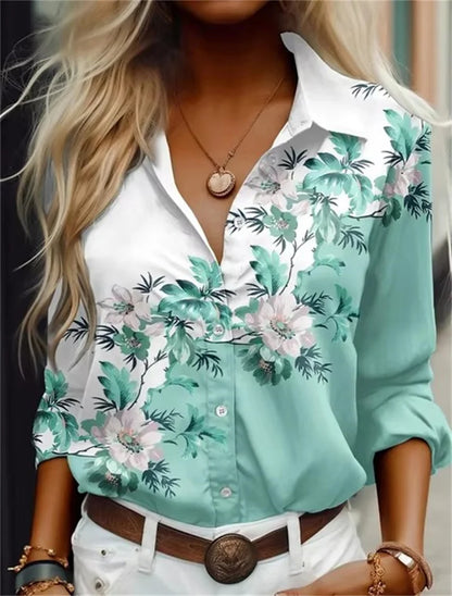 Fashion Women's Shirts Casual Blouses Blue Flowers Print Shirt 2025 New Autumn Large Size Female Clothing Temperament Blouse Top