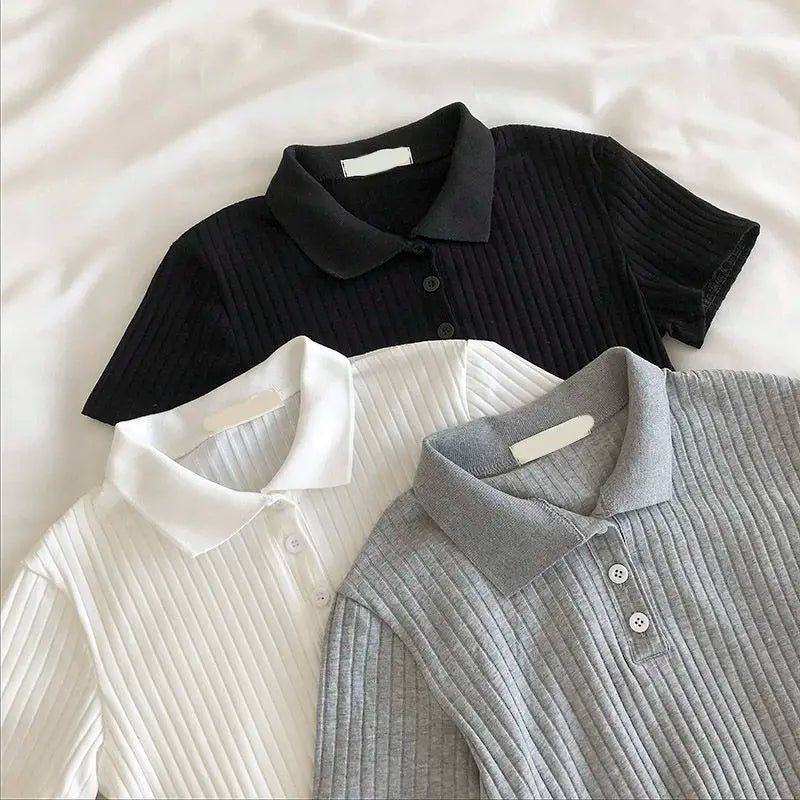 Women Knit School Polo Neck Cropped Shirt Summer Short Sleeve Youthful Solid Color Crop Top Female Basic Blouse Lady Pullover