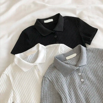 Women Knit School Polo Neck Cropped Shirt Summer Short Sleeve Youthful Solid Color Crop Top Female Basic Blouse Lady Pullover