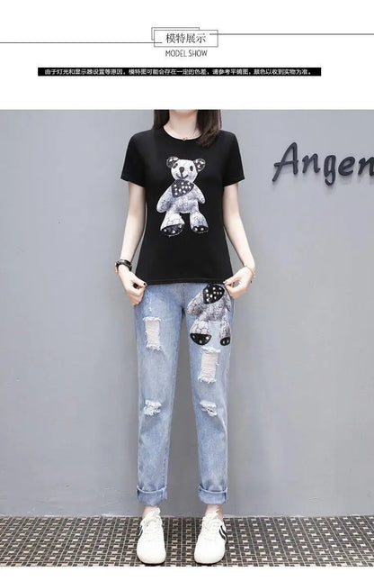 Cartoon Print Short Sleeve T-shirt Perforated Jeans Two Piece Elegant Women's Pants Set Summer Outfit Leisure Sports Suit
