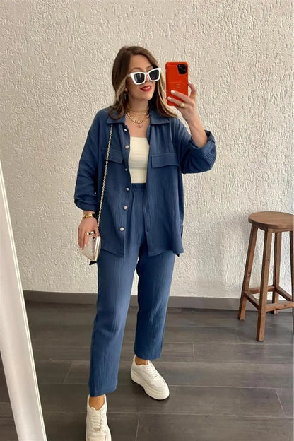 Summer outfits for women 2025 New Loose Button Long Sleeve Shirt and Cropped Pants Casual Sports Summer women's suit Pants Set