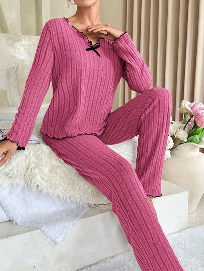 Women Autumn Winter Sleepwear Ribbed Pajamas Set Long Sleeve Top and Long Pants 2 Piece Set Casual Home wear Loungewear