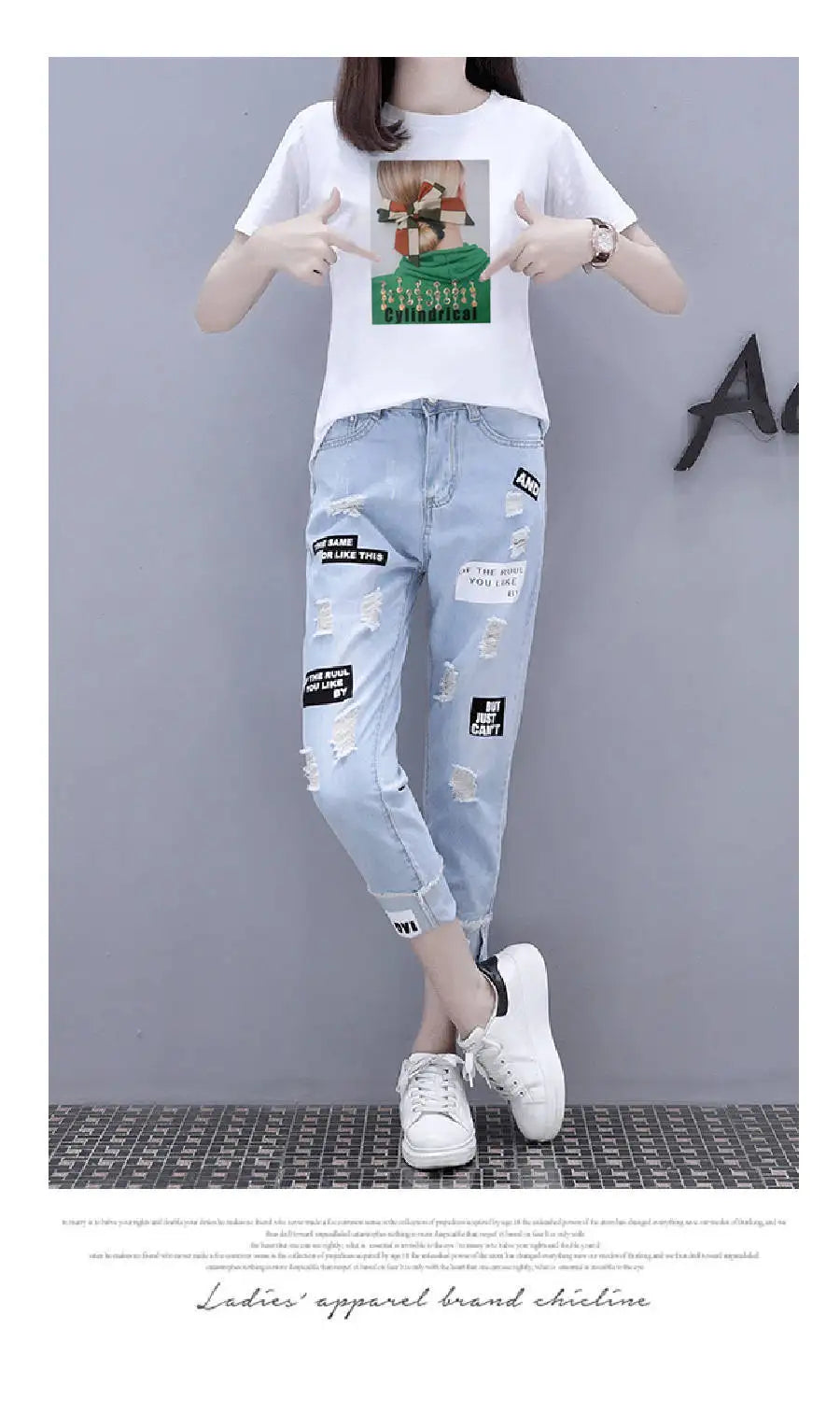 Cartoon Print Short Sleeve T-shirt Perforated Jeans Two Piece Elegant Women's Pants Set Summer Outfit Leisure Sports Suit