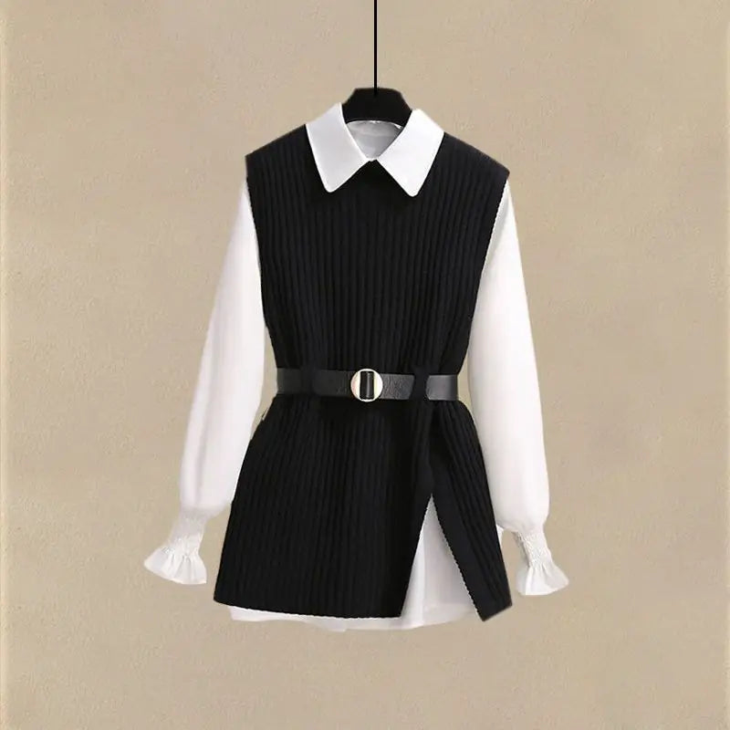 2025 Spring New Korean Elegant in Matching Set Women's Fashion Knitted Vest+ Shirt+ Jeans Three Piece Female Chic Denim Pants Suit