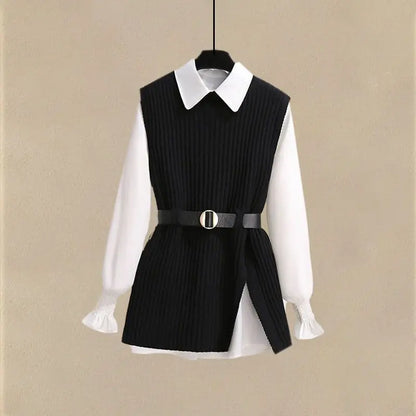 2025 Spring New Korean Elegant in Matching Set Women's Fashion Knitted Vest+ Shirt+ Jeans Three Piece Female Chic Denim Pants Suit