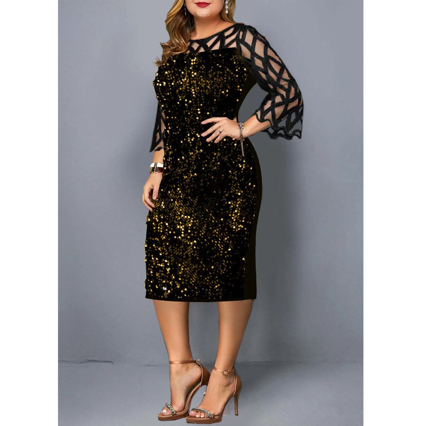 Elegant Sequin Plus Size 4XL 5XL Women Midi Dress Sexy Casual Evening Party Dress Gown Wedding Luxury Robe Rouge Vestidos