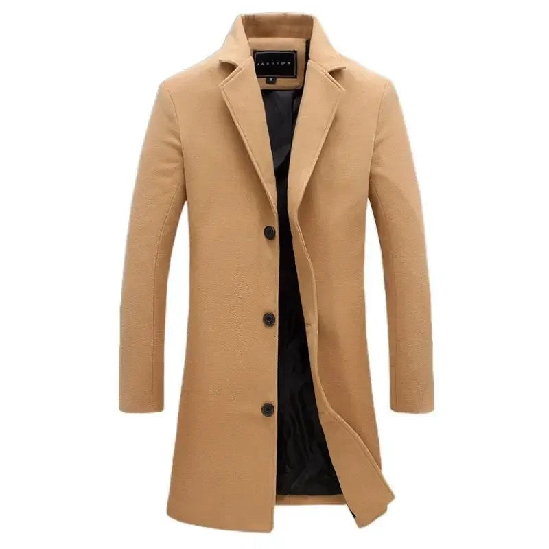 Autumn Winter Fashion Men's Woolen Coats Solid Color Single Breasted Lapel Long Coat Jacket Casual Overcoat Plus Size 9 Colors