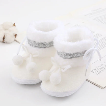 Winter Snow Baby Boots Faux Fur Warm Fluff Balls Indoor Cotton Soft Sole Infant Newborn Toddler Baby Shoes 0-18M