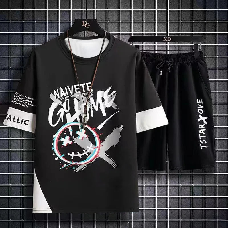 Summer Men Sets 2 Piece Set Tracksuits T-shirt for Men sport gym Casual Men Clothing Y2K Joggers Plaid T Shirt Shorts Outfit