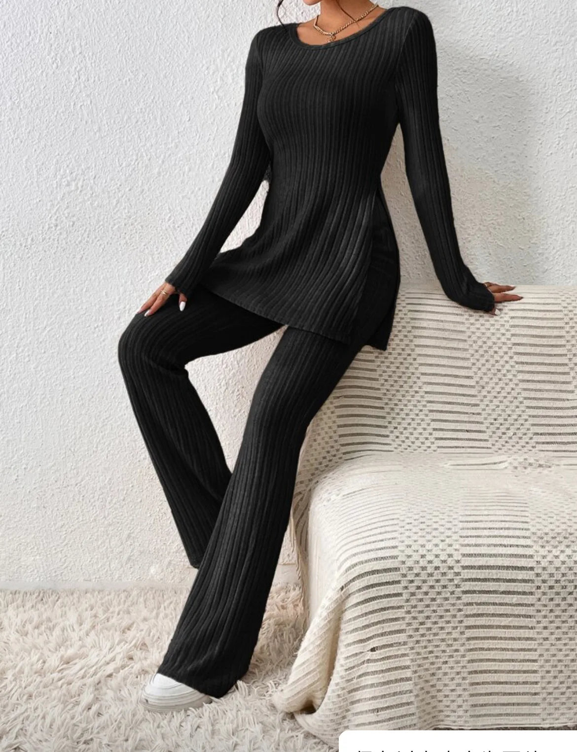 Autumn Winter Women's Clothing New Style Solid Color Sexy Casual Long Sleeved Round Neck Slit Fashion Temperament Two-piece Set