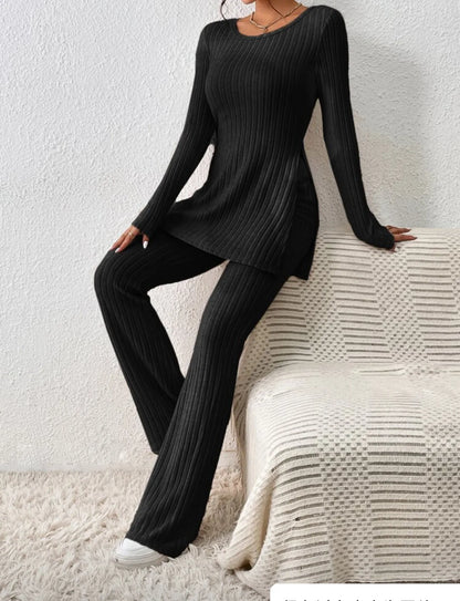 Autumn Winter Women's Clothing New Style Solid Color Sexy Casual Long Sleeved Round Neck Slit Fashion Temperament Two-piece Set