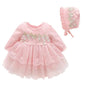Newborn Baby Girl Dress Clothes 0 3 6 Months Princess Pink Dress White Baptism Outfit Party Dress Headband Socks Set Clothing