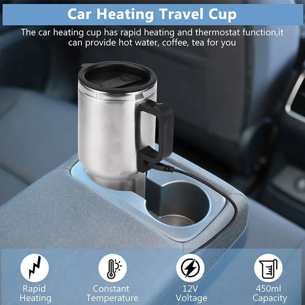 12V Car Heating Cup Car Heated Mug, 450ml Travel Electric Coffee Cup 14oz. Insulated Heated Thermos Mug