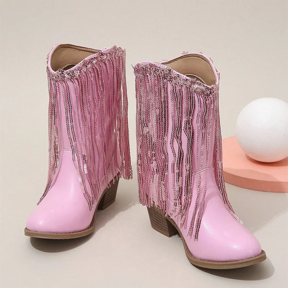 Children Boots Versatile Tassels Pink Elegant 2024 New Performance Girls Boots Low Heels Shiny Solid Color Britain Princess Boot