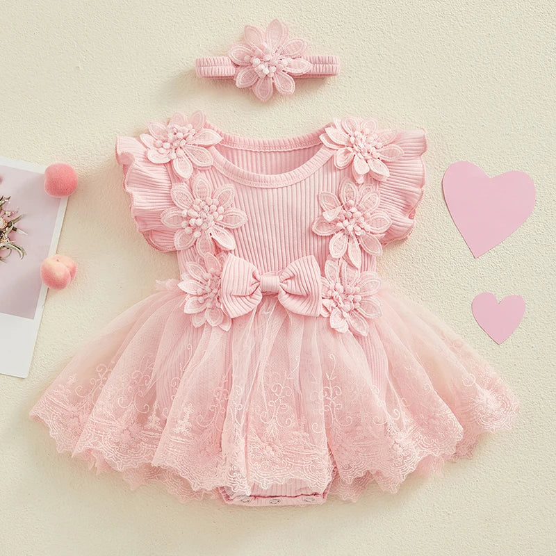 Infant Baby Girl Lace Romper Baby Tulle Dress Romper Flowers Bodysuit Spring Summer Festival Clothes with Headband