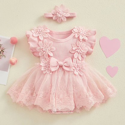 Infant Baby Girl Lace Romper Baby Tulle Dress Romper Flowers Bodysuit Spring Summer Festival Clothes with Headband