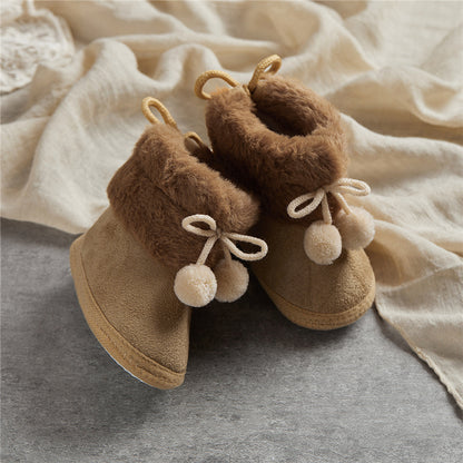 Suefunskry Toddler Baby Girls Boys Boots Winter Warm Soft Sole Fluffy Lace up Boots Cute Plush Pom Decoration Non Slip Shoes
