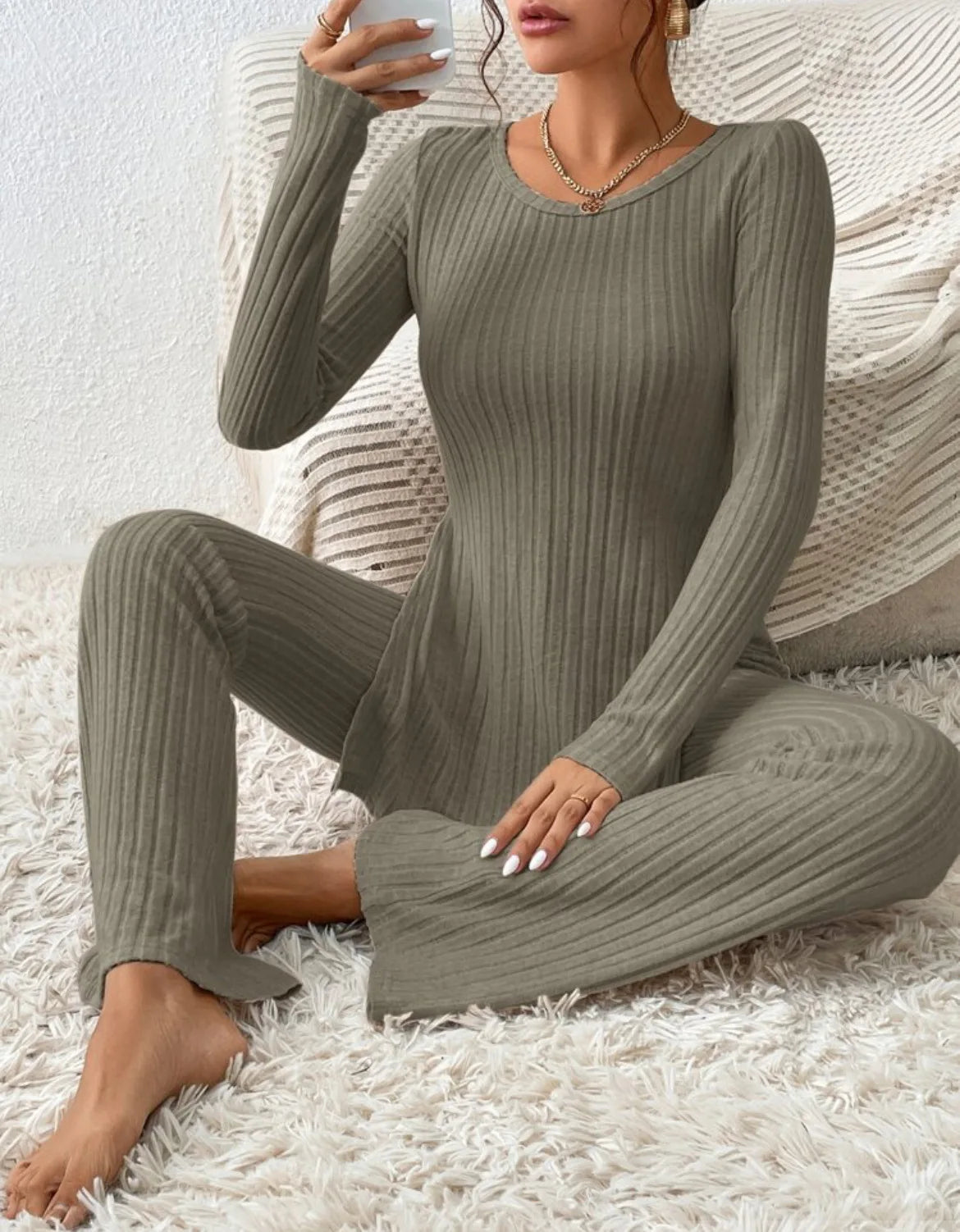 Autumn Winter Women's Clothing New Style Solid Color Sexy Casual Long Sleeved Round Neck Slit Fashion Temperament Two-piece Set