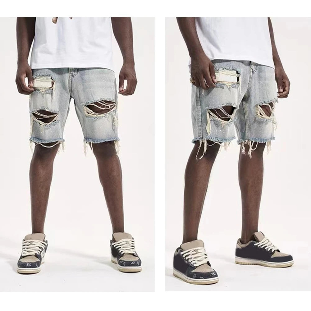 Men's Summer Distressed Shorts Fashion Slim Ripped Short Jeans Vintage Streetwear
