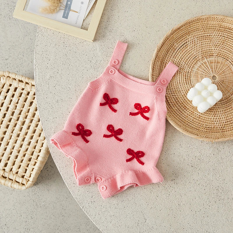 Suefunskry Baby Girl Overalls, Sleeveless Bows Pattern Knit Romper Bodysuit Spring Fall Clothes for Casual Daily