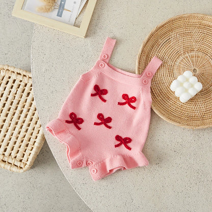 Suefunskry Baby Girl Overalls, Sleeveless Bows Pattern Knit Romper Bodysuit Spring Fall Clothes for Casual Daily