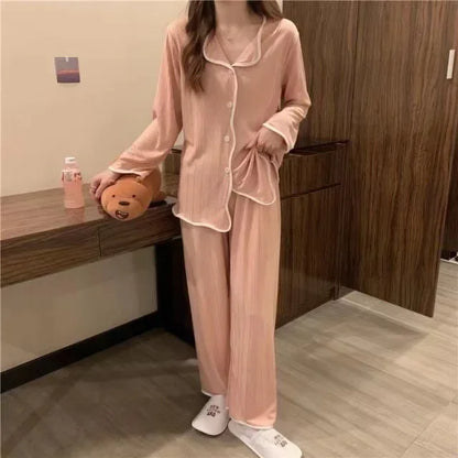 Spring and Autumn Long Sleeve Pants Pajamas Loungewear Set Women's Simple Pull Edge Loose Girl Student Loungewear Loose Suit