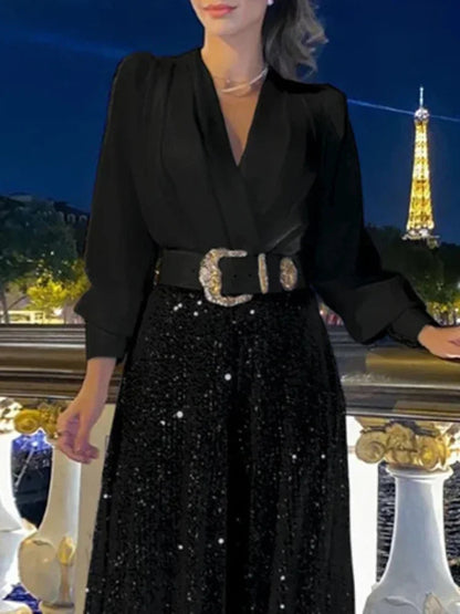 BWQ Splice Sequins Maxi Dresses For Women Fashion Folds Loose V Neck Elegant Dress Femme Party Evening Dresses Luxury 2025