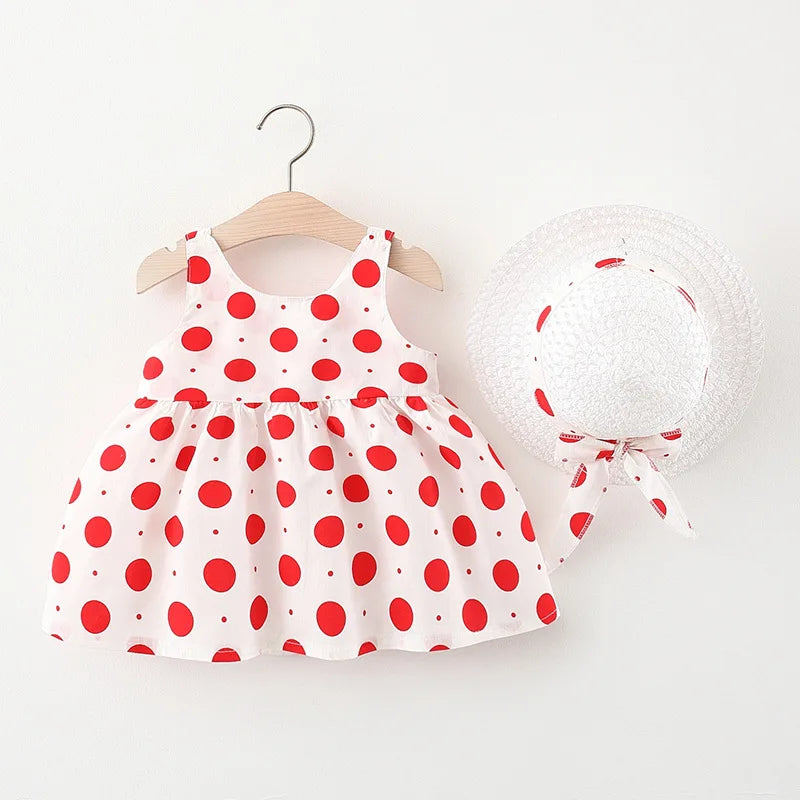 New In Summer Baby Girl Clothes Korean Cute Bow Dot Sleeveless Cotton Princess Dress+ Sunhat Toddler Dresses Sets BC007-1