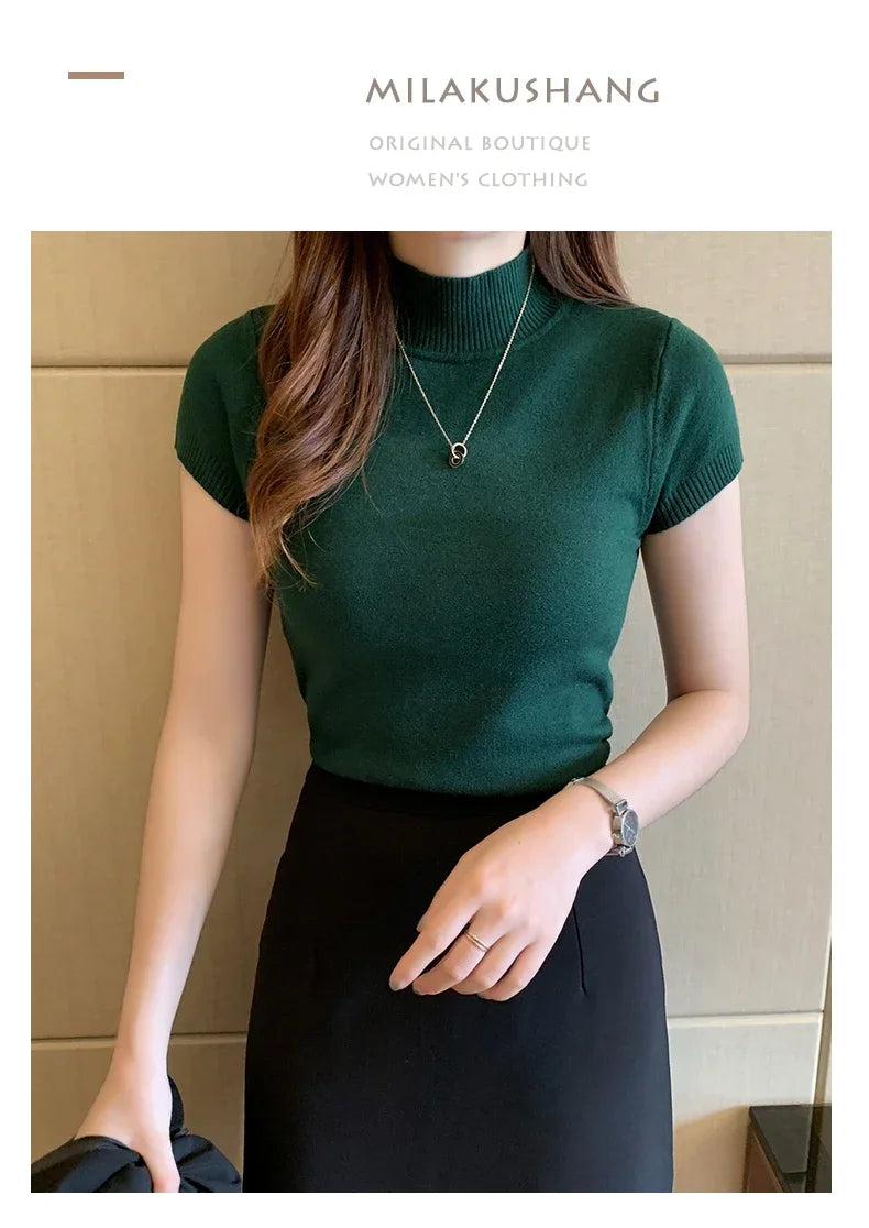 Fashion Woman Blouses 2025 Short Sleeve Summer Tops Blouse Women Turtleneck Knitted Blouse Shirt Women's Tops And Blouses