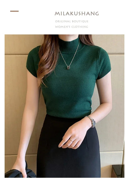 Fashion Woman Blouses 2025 Short Sleeve Summer Tops Blouse Women Turtleneck Knitted Blouse Shirt Women's Tops And Blouses