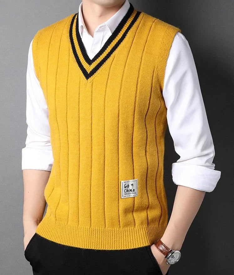 Men's Clothing Icon Knit Sweater Male Sleeveless Striped Waistcoat Vest Beige Heated Korean Style High Quality Replica Street X