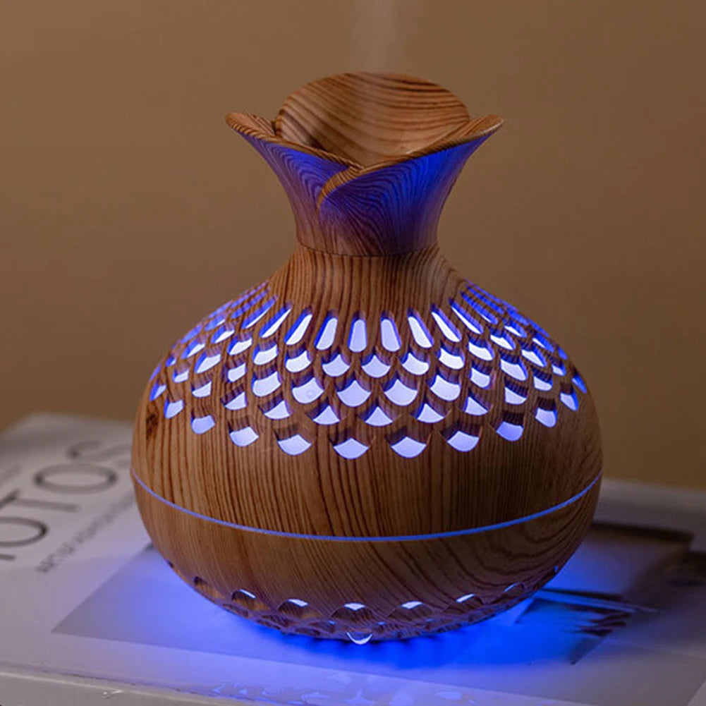 300ML Wood Grain Flower Humidifier Silent Aromatherapy Diffuser USB Rechargeable Mini Air Humidifier with Colorful Night Light