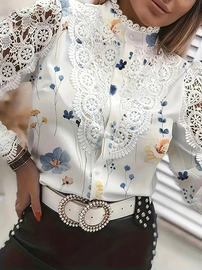 Shirts Elegant Office Ladies White Collared Lace Patchwork Hollow Out Button Up Women's Tops And Blouses 2025 Fashion New Blouse