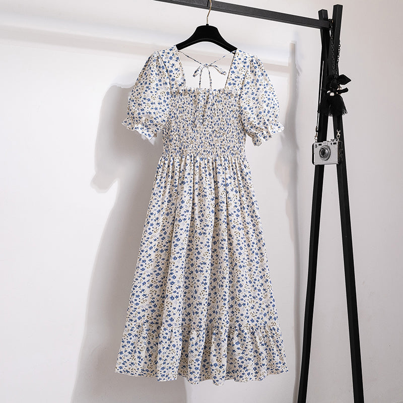 Summer Pleated Women Chiffon Dresses Casual Beach Holiday Short Sleeve Square Collar Woman Midi Dress Bohemian