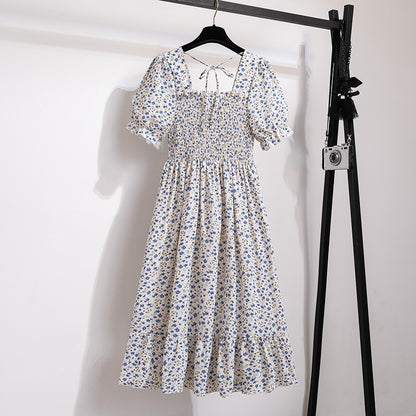 Summer Pleated Women Chiffon Dresses Casual Beach Holiday Short Sleeve Square Collar Woman Midi Dress Bohemian