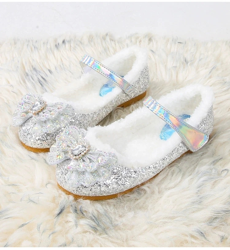 Disney Autumn Fashion Pearl Bow Rhinestone Frozen Elsa Princess Girl Shoes Flat Kids Princess Warm Winter Shoes Size 23-36