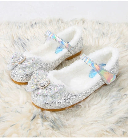 Disney Autumn Fashion Pearl Bow Rhinestone Frozen Elsa Princess Girl Shoes Flat Kids Princess Warm Winter Shoes Size 23-36