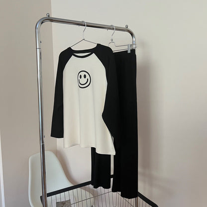 Women Spring Autumn Pajamas Set Female Solid Long-sleeved Pant Home Clothing Simple Loose Casual Smile Face Print Sleepwear XXL