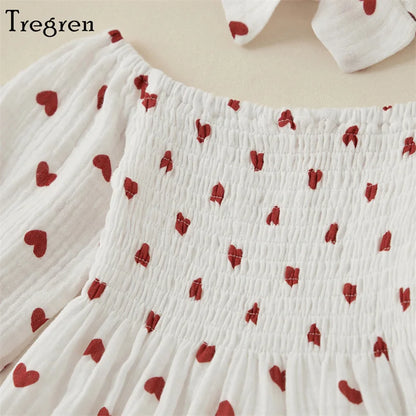 Tregren Infant Baby Girls Valentine's Day Romper Heart Print Long Sleeve Boat Neck Jumpsuits Spring Fall Bodysuits with Headband